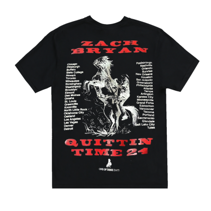 Get ready for the 'Quittin Time' Tour with this exclusive t-shirt. Featuring vibrant tour graphics on the front and a striking design on the back, this black tee is perfect for fans looking to commemorate the tour in style. Show your support and grab yours today!