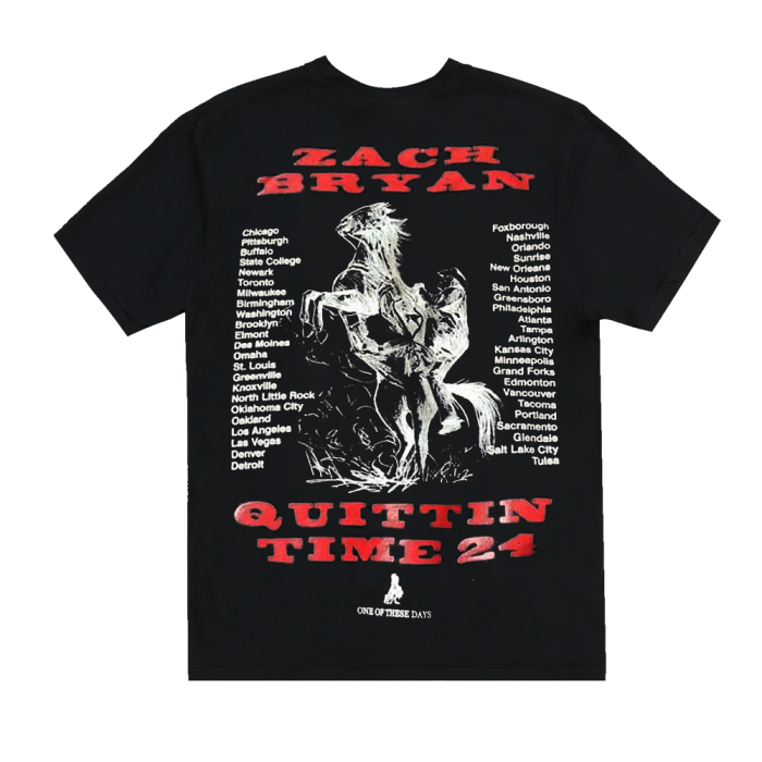 Get ready for the 'Quittin Time' Tour with this exclusive t-shirt. Featuring vibrant tour graphics on the front and a striking design on the back, this black tee is perfect for fans looking to commemorate the tour in style. Show your support and grab yours today!