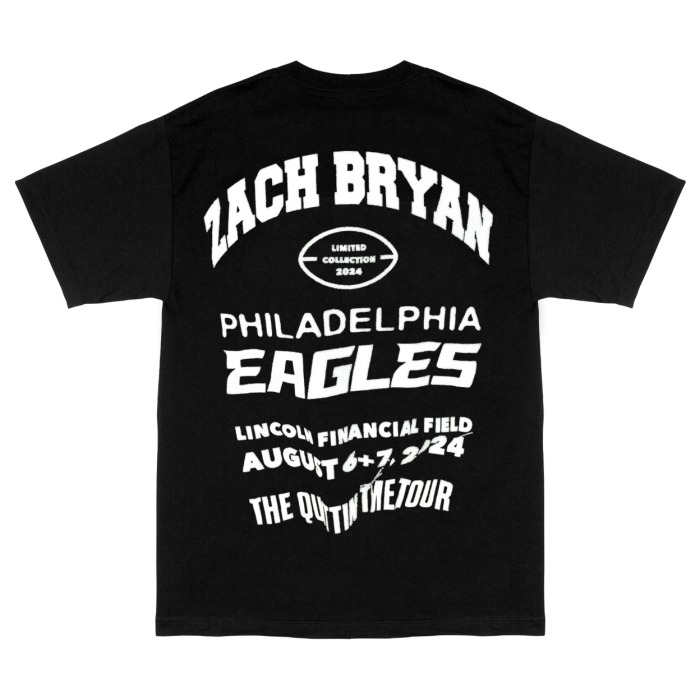 Catch Zach Bryan in Philadelphia for the Quittin Time Tour 2024 and celebrate with exclusive Eagles-themed merch! From tour-specific apparel to unique collectibles, show your support for Zach Bryan and the Eagles with our limited-edition items. Shop now to get your hands on the must-have gear for this unforgettable tour!