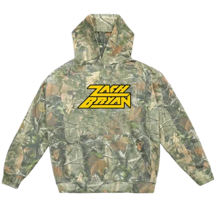 "ZB Logo Camo Hoodie featuring camo pattern and Zach Bryan ZB logo, unisex cotton-poly blend hoodie for fans and casual wear"