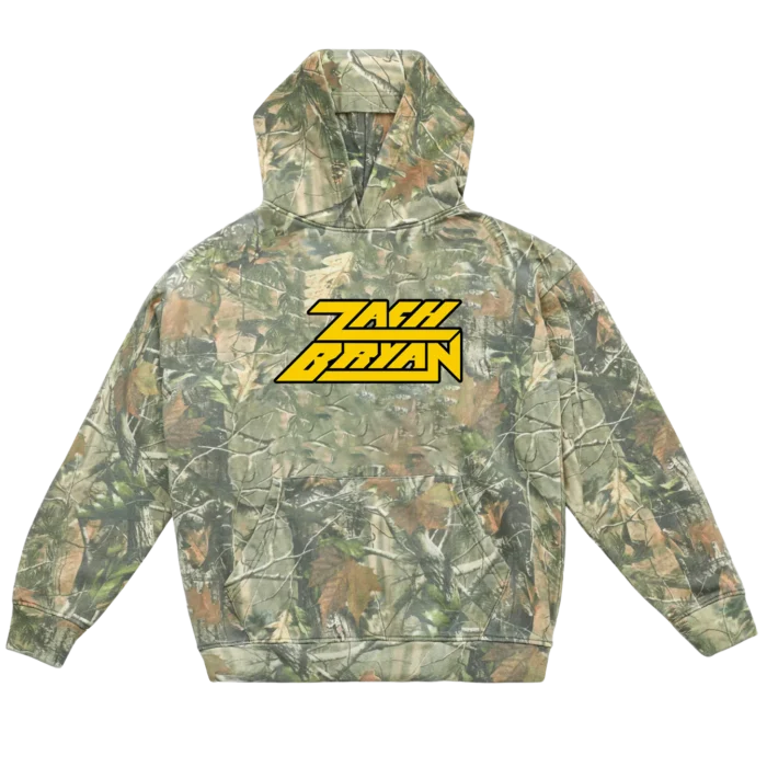 "ZB Logo Camo Hoodie featuring camo pattern and Zach Bryan ZB logo, unisex cotton-poly blend hoodie for fans and casual wear"