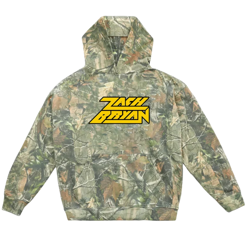 "ZB Logo Camo Hoodie featuring camo pattern and Zach Bryan ZB logo, unisex cotton-poly blend hoodie for fans and casual wear"