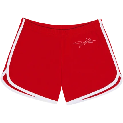 Zach Bryan red and white racer shorts featuring signature design printed on the front, and 'Heaven On Top' graphic design printed on the back.