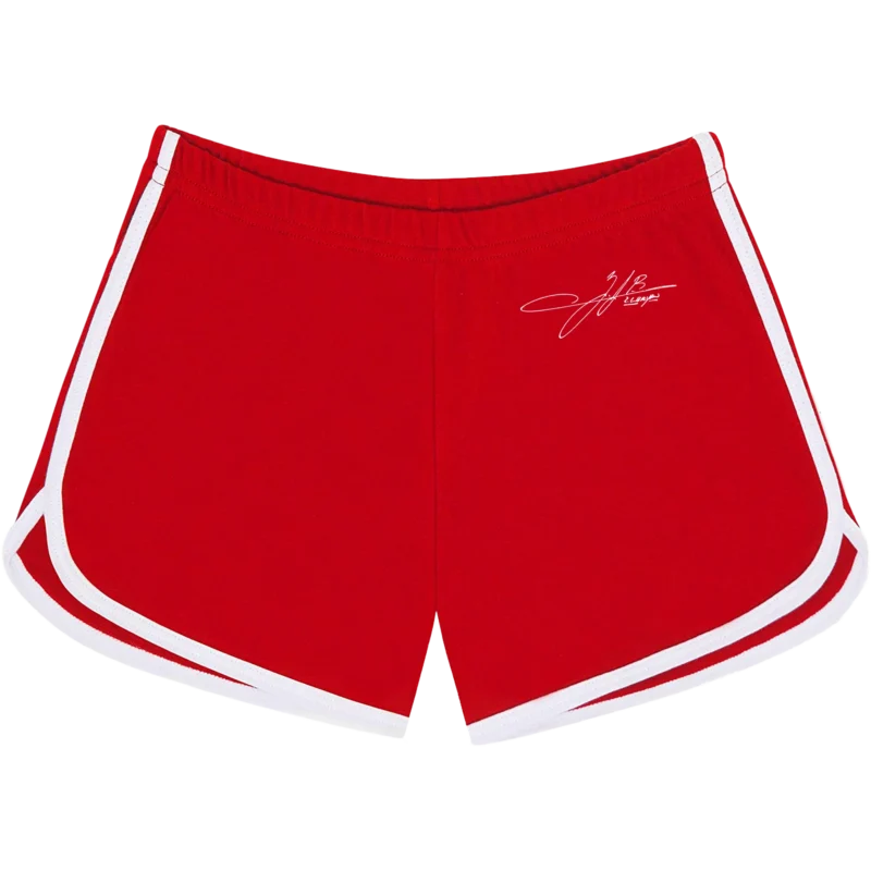 Zach Bryan red and white racer shorts featuring signature design printed on the front, and 'Heaven On Top' graphic design printed on the back.