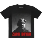 Zach Bryan Photo Dateback Tee featuring black-and-white front photo of Zach Bryan and tour dates on the back, unisex cotton t-shirt for fans and concert-goers