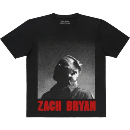 Zach Bryan Photo Dateback Tee featuring black-and-white front photo of Zach Bryan and tour dates on the back, unisex cotton t-shirt for fans and concert-goers