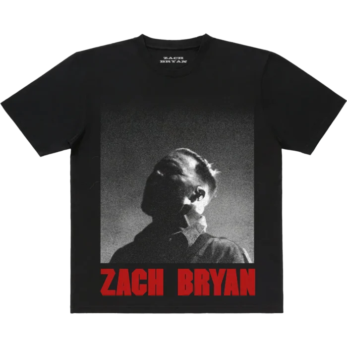 Zach Bryan Photo Dateback Tee featuring black-and-white front photo of Zach Bryan and tour dates on the back, unisex cotton t-shirt for fans and concert-goers