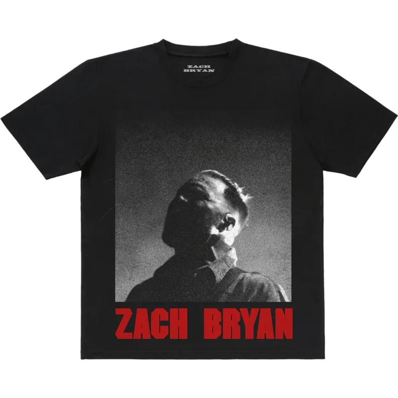 Zach Bryan Photo Dateback Tee featuring black-and-white front photo of Zach Bryan and tour dates on the back, unisex cotton t-shirt for fans and concert-goers