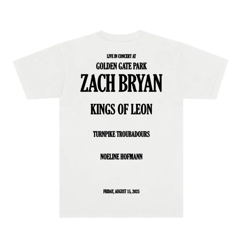 Zach Bryan Golden Gate Park Bridge Tee – black cotton T-shirt featuring Golden Gate Bridge artwork and official Zach Bryan logo