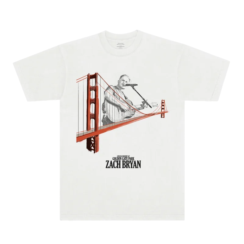 Zach Bryan Golden Gate Park Bridge Tee – black cotton T-shirt featuring Golden Gate Bridge artwork and official Zach Bryan logo